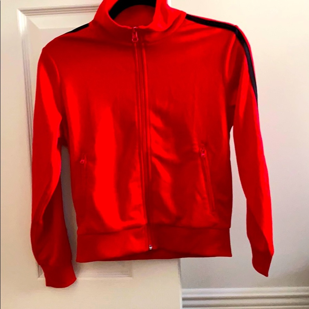 Red track suit jacket with black stripes